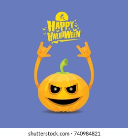 vector halloween funky rock n roll style cartoon carved pumpkin character with eyes and mouth isolated on blue background. Happy halloween rock party concept poster, background or greeting card