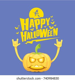 vector halloween funky rock n roll style cartoon carved pumpkin character with eyes and mouth isolated on blue background. Happy halloween rock party concept poster, background or greeting card