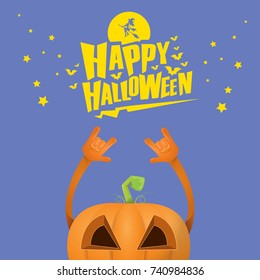 vector halloween funky rock n roll style cartoon carved pumpkin character with eyes and mouth isolated on blue background. Happy halloween rock party concept poster, background or greeting card