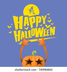 vector halloween funky rock n roll style cartoon carved pumpkin character with eyes and mouth isolated on blue background. Happy halloween rock party concept poster, background or greeting card