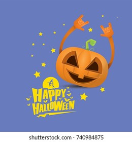 vector halloween funky rock n roll style cartoon carved pumpkin character with eyes and mouth isolated on blue background. Happy halloween rock party concept poster, background or greeting card