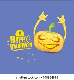 vector halloween funky rock n roll style cartoon carved pumpkin character with eyes and mouth isolated on blue background. Happy halloween rock party concept poster, background or greeting card