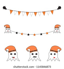 Vector - Halloween garland (bunting, flag) orange and white paper cut, Little ghost and spider isolated on white background. Season festival. Decorate.