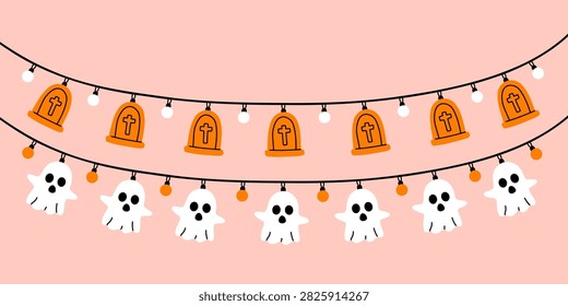 Vector halloween garland set with ghost, pumpkin and glowing string lights. Cute spooky hanging decoration collection in flat design.