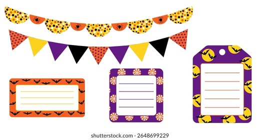 Vector Halloween garland and sticker pack in festive purple black yellow and orange. Round square and rectangular labels for scrapbooking packaging party decor and spooky holiday designs.