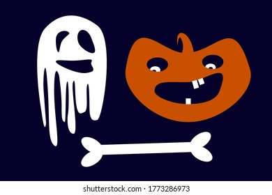 vector halloween ghost cartoon character and pumpkin