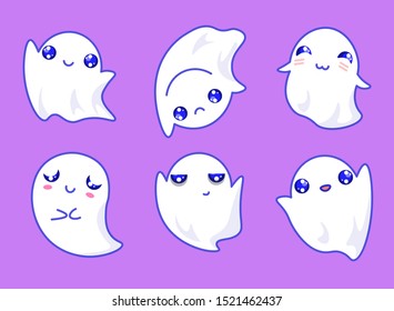 Vector halloween ghost cartoon kawaii set collection stickers emoji flat simple design