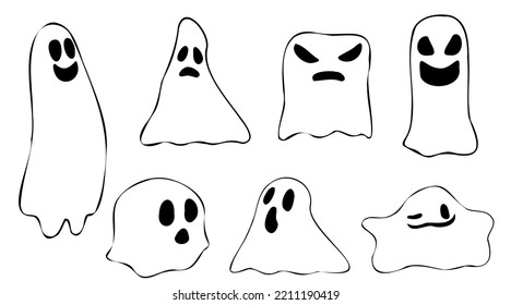 Vector Halloween Ghost Clipart. Funny, Cute Illustration For Seasonal Design, Textile, Decoration Kids Playroom Or Greeting Card. Hand Drawn Prints And Doodle.