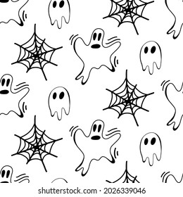 Vector halloween ghost, cobweb seamless pattern isolated on white background. Cute illustration for seasonal design, textile, decoration kids playroom or greeting card. Hand drawn prints and doodle.