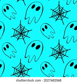 Vector halloween ghost, cobweb seamless pattern isolated on white background. Cute illustration for seasonal design, textile, decoration kids playroom or greeting card. Hand drawn prints and doodle.