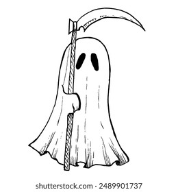 Vector halloween fantasma Segadora. Ilustración de silueta fantasma lineal pintada a mano. Símbolo gráfico monocromo de la muerte para el tatuaje, pintura mágica de la mano para las vacaciones, horror. Aislado en