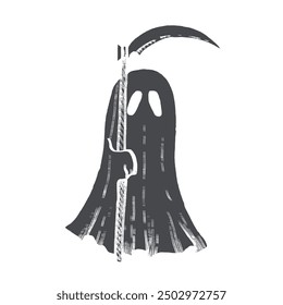 Vector fantasma de halloween Grim Reaper. Ilustración de silueta fantasma lineal pintada a mano. Símbolo monocromático gráfico de la muerte para el tatuaje, pintura mágica de la mano para el día de fiesta, horror. Aislado en