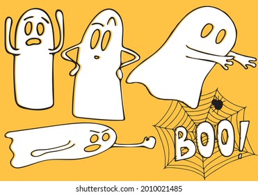 Vector halloween ghost hand drawn set on orange background. Doodle illustration for seasonal design, card, decoration, print and other