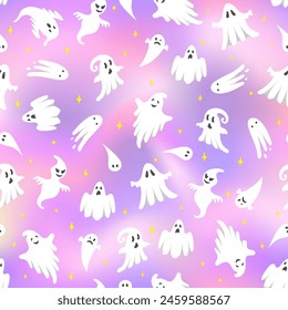 Vector Halloween ghost seamless pattern. Cute white flying ghosts on holographic pink gradient background. Spooky cartoon character illustration for wrapping paper, holiday decoration, greeting design