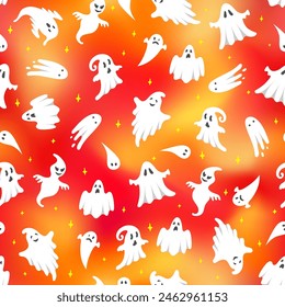 Vector Halloween ghost seamless pattern. Cute white flying ghosts on orange gradient background with stars. Spooky hand drawn cartoon character illustration for wrapping, greeting design, decoration.