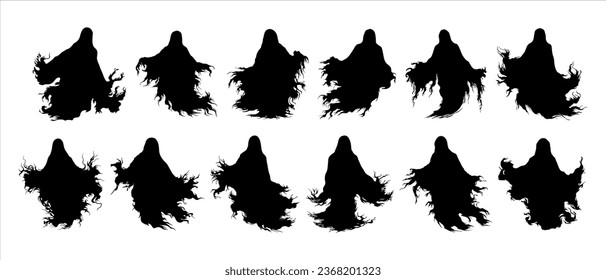 Conjunto de silueta fantasma de Halloween vectorial, colección fantasma aislada en fondo blanco, ilustración vectorial	