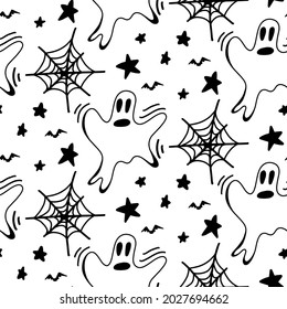 Vector halloween ghost, star, cobweb, bat seamless pattern isolated on white background. Cute illustration for seasonal design, textile, decoration kids playroom or greeting card. Hand drawn doodle.