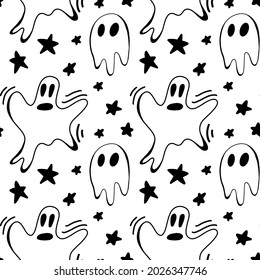 Vector halloween ghost and stars seamless pattern isolated on white background. Cute illustration for seasonal design, textile, decoration kids playroom or greeting card. Hand drawn prints and doodle.