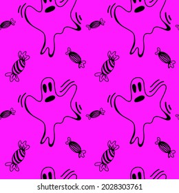 Vector halloween ghost and sweets seamless pattern isolated background. Funny, cute illustration for seasonal design, textile, decoration kids playroom or greeting card. Hand drawn prints and doodle.