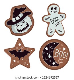 Vector Halloween Ginger Man. Gingerbread, bat, pumpkin, moon and stars 