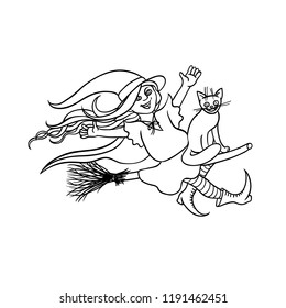 Vector Halloween girl witch on broom with cat. Humorous young magician and pet to all saints day. Black white sketch illustration children party. Charmer in pointed hat flying.