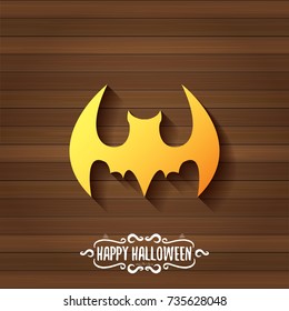 vector halloween golden bat animal silhouette label on dark old vintage wooden plate background with calligraphic text. vector happy halloween greeting card, party poster, invitation design template