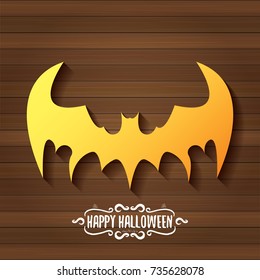 vector halloween golden bat animal silhouette label on dark old vintage wooden plate background with calligraphic text. vector happy halloween greeting card, party poster, invitation design template