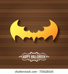 vector halloween golden bat animal silhouette label on dark old vintage wooden plate background with calligraphic text. vector happy halloween greeting card, party poster, invitation design template