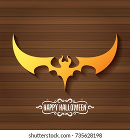 vector halloween golden bat animal silhouette label on dark old vintage wooden plate background with calligraphic text. vector happy halloween greeting card, party poster, invitation design template