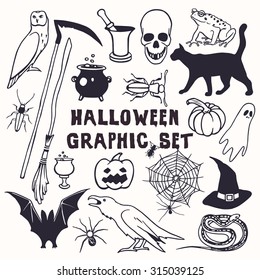 Vector Halloween graphic set. Vector collection of hand drawn creepy and comic images. Beautiful design elements.