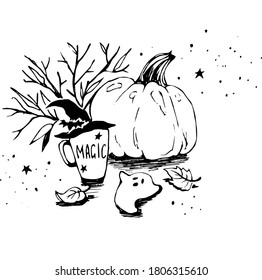 Vector Halloween graphics. Autumn still life with pumpkin and a cup. Great for printing on fabric, postcards, booklets, holiday decorations.