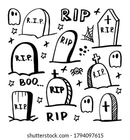 Vector halloween gravestone, cemetery clipart. Funny, cute illustration for seasonal design, textile, decoration kids playroom or greeting card. Hand drawn prints and doodle.