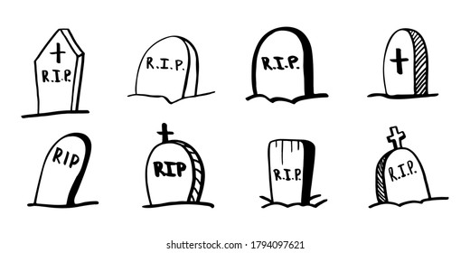 Vector halloween gravestone, cemetery clipart. Funny, cute illustration for seasonal design, textile, decoration kids playroom or greeting card. Hand drawn prints and doodle.