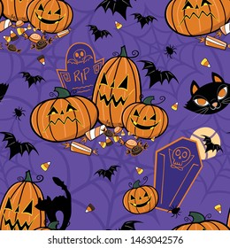 Vector Halloween graveyard scene seamless repeat pattern of jack o lanterns, candy, headstones, coffin, bats and spider webs. Spooky graphics for banner, wallpaper, fabric or package design.