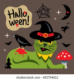 Vector Halloween Green Cat Cartoon Illustration.