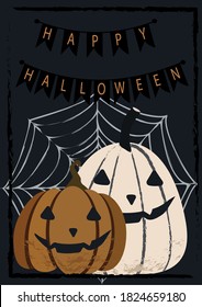 Vector Halloween greeting card with carved pumpkins jack-o-lanterns  and spider web on dark background. 