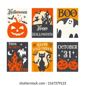 Vector Halloween greeting card. Vector collection with pumpkins, castle, ghost, moon. Halloween party. Vector set of Halloween party invitations. Illustration for flyer, banner, poster templates.