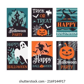 Vector Halloween greeting card. Vector collection with pumpkins, castle, ghost, moon. Vector set of Halloween party invitations. Illustration for flyer, banner, poster templates. 