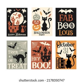 Vector Halloween greeting card. Vector collection with pumpkins, castle, ghost, moon. Halloween party. Vector set of Halloween party invitations. Illustration for flyer, banner, poster templates.