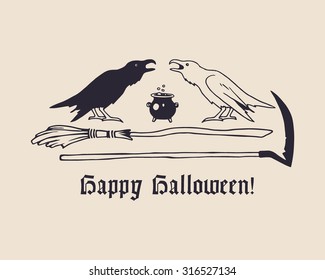 Vector Halloween greeting card. Vector collection of hand drawn creepy and comic images. Beautiful gothic design elements.