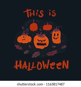 Vector Halloween greeting card, flyer, banner, poster templates. Hand drawn pumpkin with scary faces and lettering. Pumpkin patch. Perfect for party invitation.