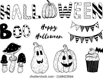 Vector Halloween greeting card, flyer, banner, poster templates. Handwritten lettering, Mushrooms, pumpkins and boo word. Perfect for party invitation.