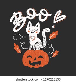 Vector Halloween greeting card, flyer, banner, poster templates. Hand drawn pumpkin, white cat, oak leaves and handwritten lettering - Boo. Perfect for party invitation.