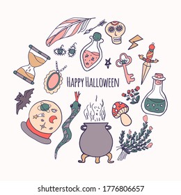 Vector Halloween greeting card, flyer, banner, poster templates. Hand drawn traditional symbols.  Perfect for party invitation.