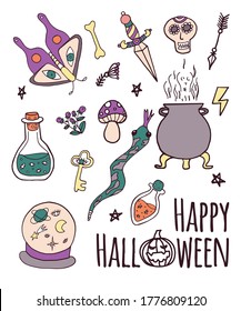 Vektor Halloween Grußkarte, Flyer, Banner, Plakatvorlagen. Handgezeichnete traditionelle Symbole. Vektorgrafik mit Kürbis, Geist, Mond. Ideal für Partyeinladung.