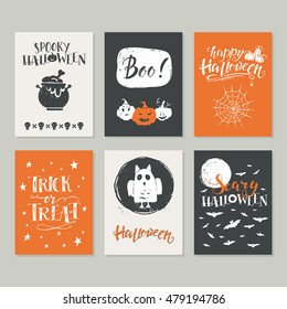 Vector Halloween greeting card, flyer, banner, poster templates. Hand drawn traditional symbols and handwritten lettering. Vector collection with pumpkins, owl, moon. Perfect for party invitation.