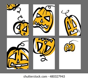 Vector Halloween greeting card, flyer, banner, poster templates. Hand drawn traditional symbols. Perfect for party invitation.