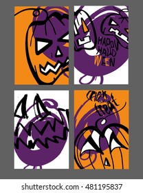 Vector Halloween greeting card, flyer, banner, poster templates. Hand drawn traditional symbolsg. Vector collection with pumpkins, witch... Perfect for party invitation.