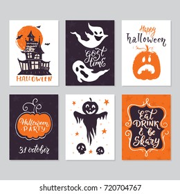 Vector Halloween greeting card, flyer, banner, poster templates. Hand drawn traditional symbols and handwritten lettering. Vector collection with pumpkins, ghost, moon. Perfect for party invitation.