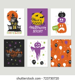 Vector Halloween greeting card, flyer, banner, poster templates. Hand drawn traditional symbols and handwritten lettering. Vector collection with pumpkins, ghost, moon. Perfect for party invitation.